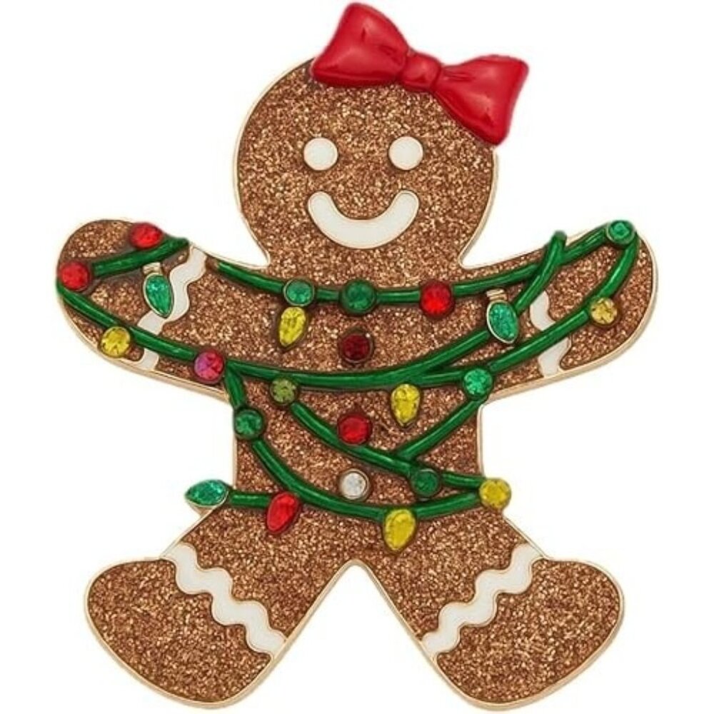 Betsey Johnson Gingerbread Girl Christmas Brooch Pin Holiday Lights Red Bow